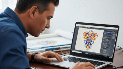 Digitizer utilizing embroidery software on a laptop to perform cheap digitizing and adjust stitch density.