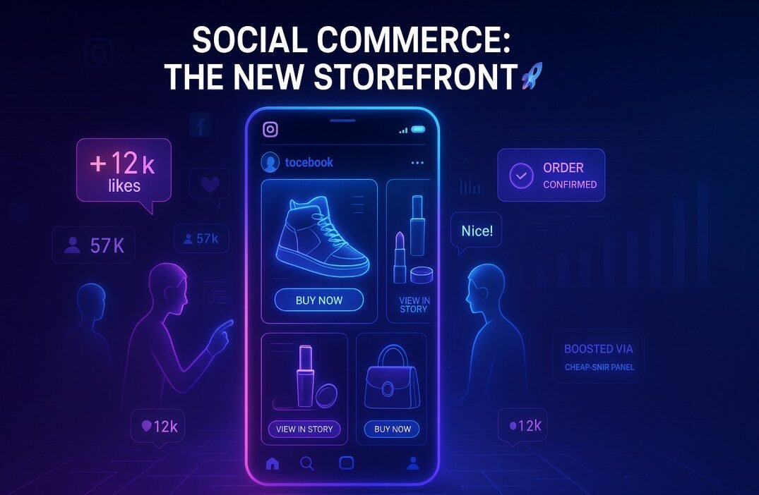 Futuristic social media shopping interface showing mobile storefront with likes, comments, and order confirmation in neon style