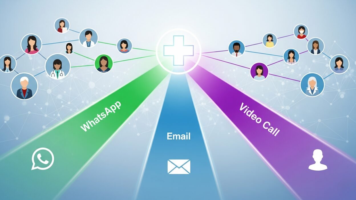 A central medical cross unifies communication channels like WhatsApp, email, and video calls to connect with a network of patients.