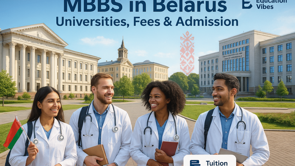 Ultra-realistic 3D render depicting MBBS in Belarus, showing top Belarusian medical university campuses with international students in white lab coats holding stethoscopes and Belarus flags, under a bright blue sky, with the Education Vibes logo in the corner.