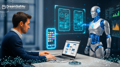 Mobile app developer and Generative AI robot collaborating on app design using Generative AI Development Services.