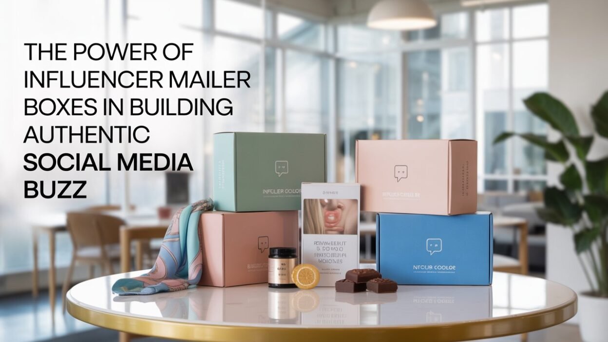 Influencer mailer boxes in pastel colours (green, peach, and blue) displayed on a table with skincare and chocolate products, showcasing the role of custom packaging in building social media buzz.