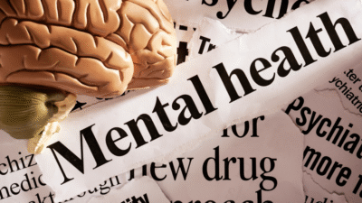 Concept image showing a brain model and newspaper headlines symbolizing the growing conversation around mental health in India.